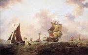 Francis Swaine A two-decker of the Royal Navy and other shipping off St.Peter Port oil painting artist